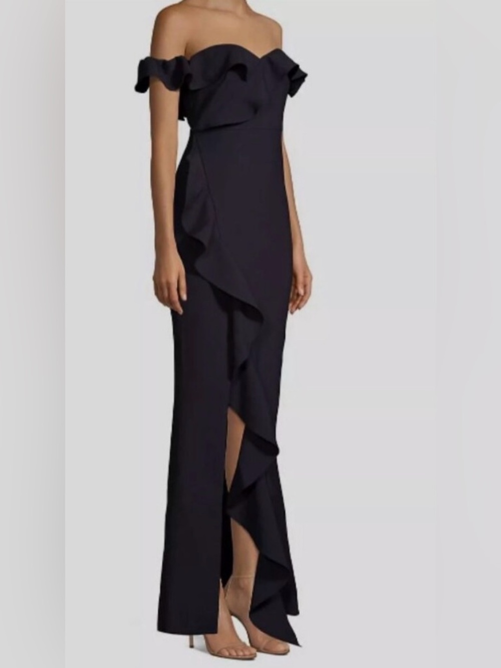 NWT $398 Women’s LIKELY MILLER navy gown off the shoulder ruffle size 8